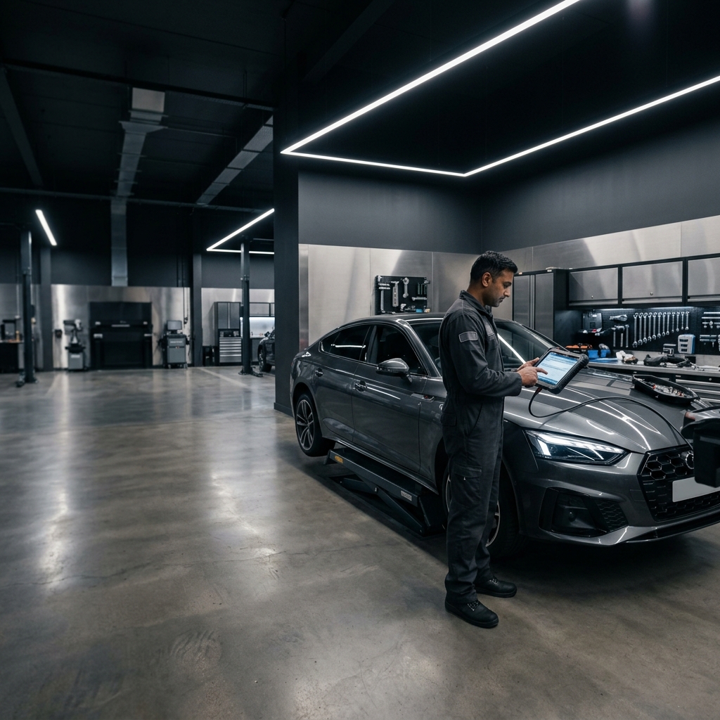 Premium automotive repair garage interior in London with diagnostic technology